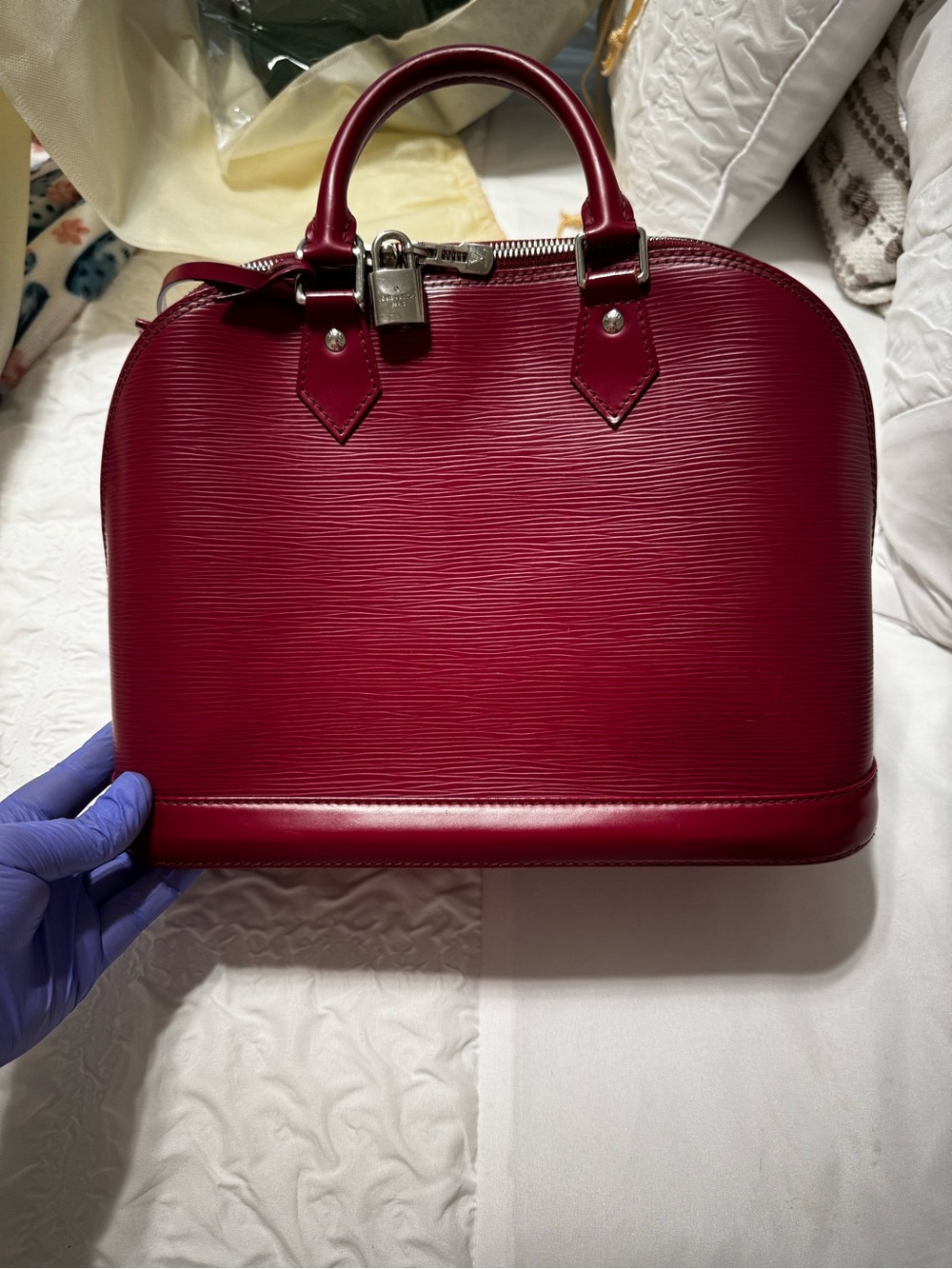 Louis Vuitton Alma PM Epi Leather Handbag in Bordeaux Red and COA